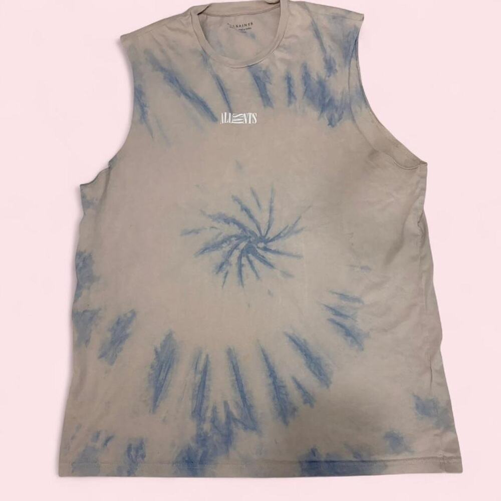 AllSaints cream and blue tie dye muscle tee Grunge streetwear skater minimalist